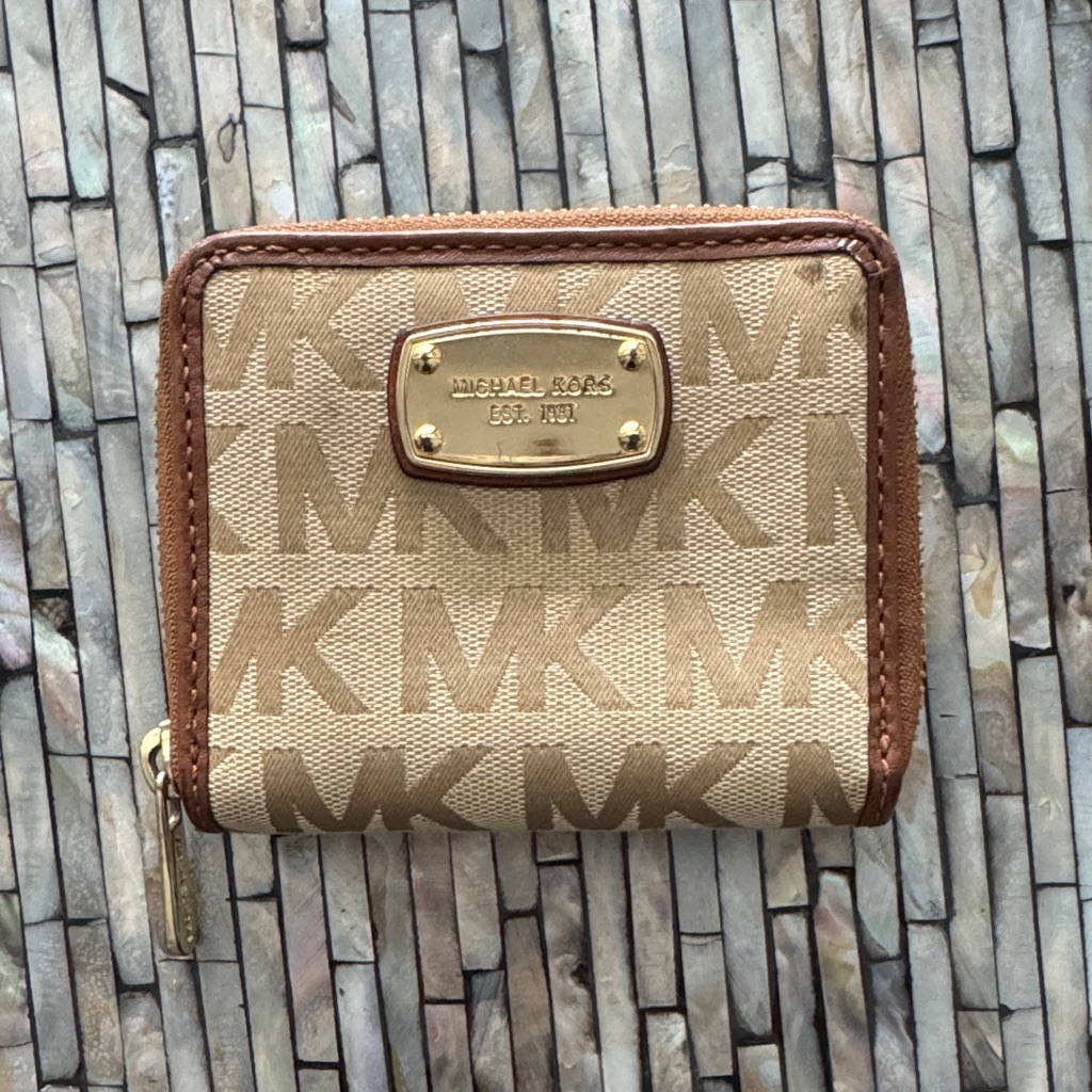 Michael Kors Beige And Brown Signature Mk Zip Wallet Jet Set Travel